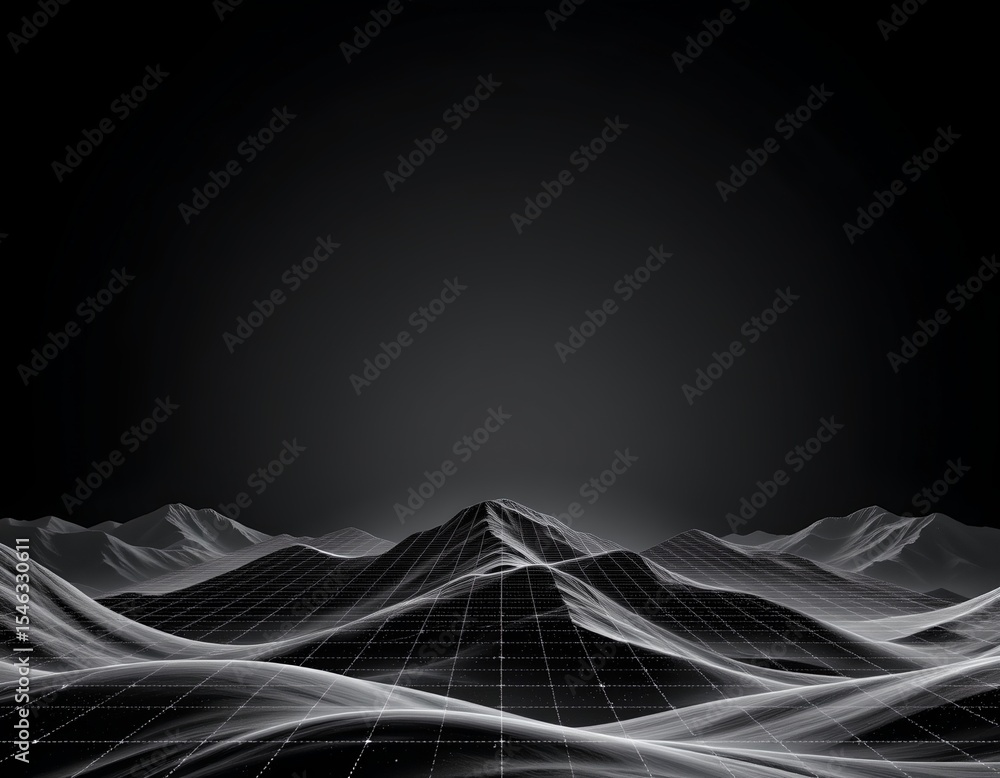 Poster create a 3d wireframe landscape grid on a black background with a glossy modern style, position the 