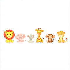 Obraz premium Cute baby jungle animals sitting horizontal row with happy