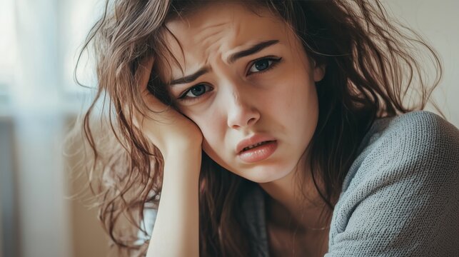 Young woman with a sad expression in a gray sweater, holding her head indoors, feeling apathetic.
