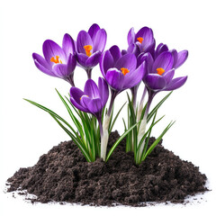 Naklejka premium Purple crocus flowers blooming in soil with green leaves
