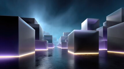 Futuristic Geometric Landscape with Glowing Cubes