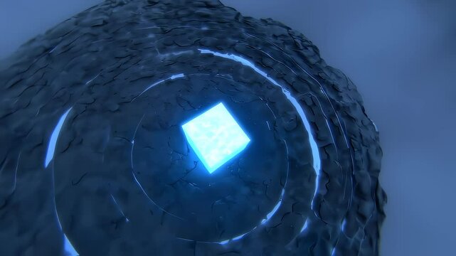 Glowing energy cube rotating in dark futuristic swamp