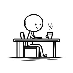 A simple stick figure enjoys a hot beverage at a table