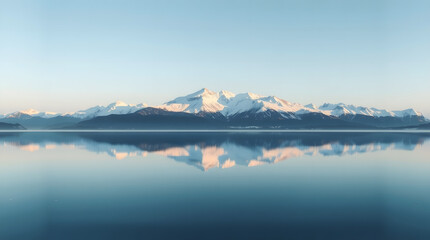Calm Body of Lake Between Snow Mountains. Generative ai
