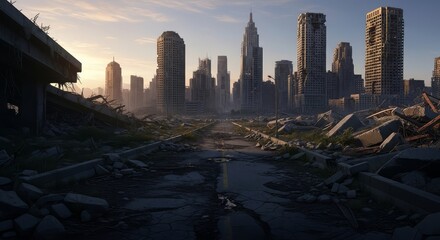 Fototapeta premium Post-Apocalyptic Cityscape Ruins and Resilience at Sunset