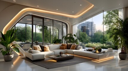 Bright luxury living space with glass walls and garden high resolution image