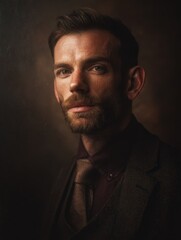 Fototapeta premium Dramatic male portrait, serious expression, elegant suit. Ideal for fashion, advertising, and business contexts.