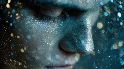 Fototapeta premium Close-up of a face covered in blue and gold glitter. Abstract, glamorous, and perfect for beauty, fashion, and cosmetics. Ideal for websites, social media, and print.