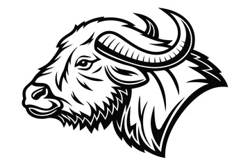 Powerful wildebeest in black and white showcases a detailed head and majestic curved horns