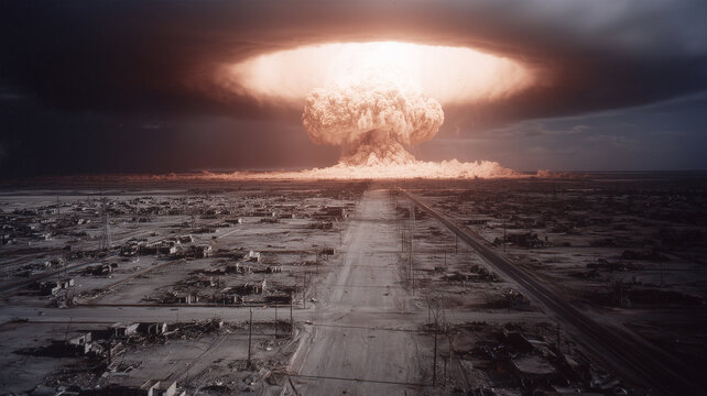Massive Luminous Mushroom Cloud Erupting from Flat Terrain, Intense Orange Plasma Bloom Expanding Above Straight Road Cutting Through Desolate Landscape