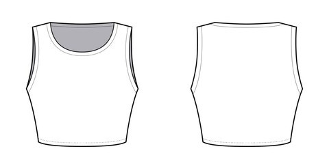 Crop Tank Top Slim fit- Technical Illustration- Front and Back View- Cad Vector illustration 