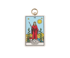 Hand-Painted Tarot Charm Featuring a Female Figure with Spear and the Number Sixteen Isolated on White
