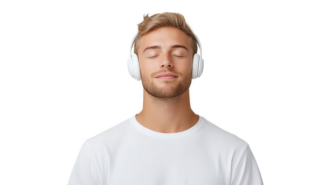 A young man enjoying music with headphones, eyes closed, in a peaceful and relaxed state.