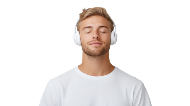 A young man enjoying music with headphones, eyes closed, in a peaceful and relaxed state.