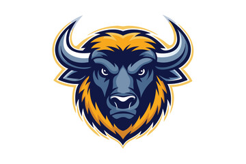 Focused bison head with menacing expression showcases a mix of blue and gold hues