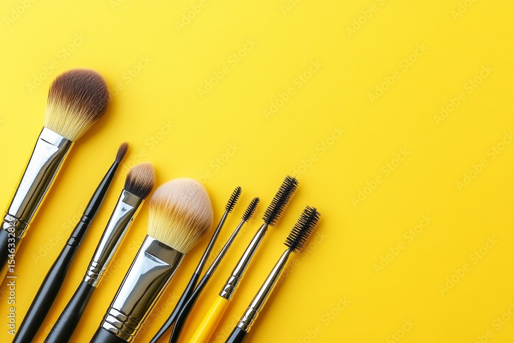 Poster different makeup brushes and applicators on yellow background creating a vibrant and colorful flat l