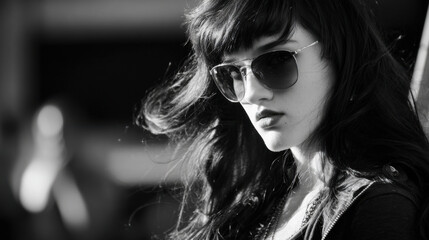 Rocker girl with sunglasses, black and white half profile portrait, dramatic side lighting, blurred urban background