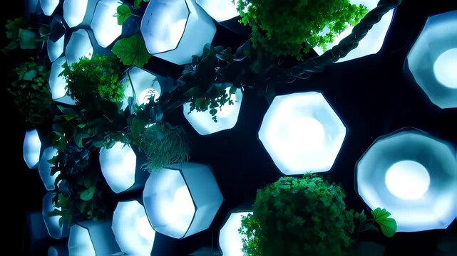Vertical garden with glowing hexagonal compartments and plant growth