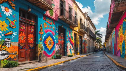 Fototapeta premium Vibrant street scene in oaxaca mexico showcasing colorful murals and traditional architecture