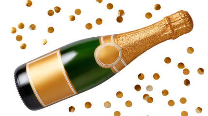 Champagne bottle with golden glitter and scattered confetti on a white isolated background.