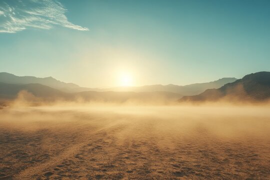Low dusty mist blowing across the desert floor at sunset with mountains in the background