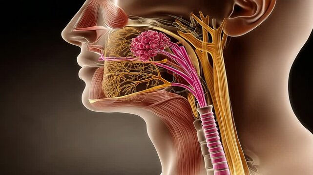 A detailed anatomical illustration of the human head, highlighting nasal nerves and olfactory structures.