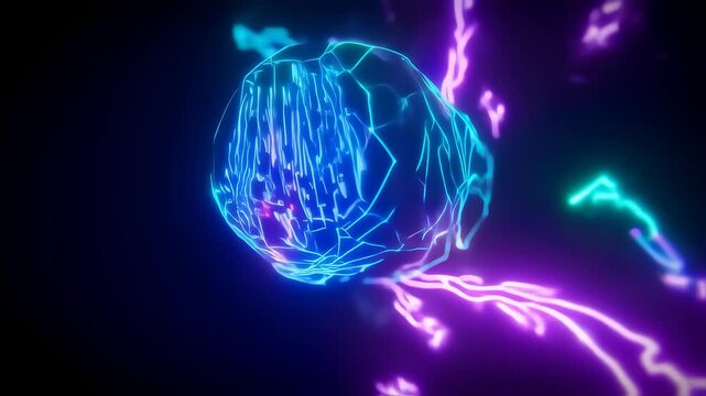 Polygonal robot head rotating with code in neon studio