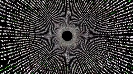 A tunnel-like vortex of green and white binary code converging toward a central black void, symbolizing digital data or cyber themes. - Powered by Adobe