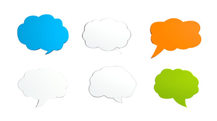 Colorful speech bubbles in different shapes, isolated on a white background, ideal for communication or dialogue themes.