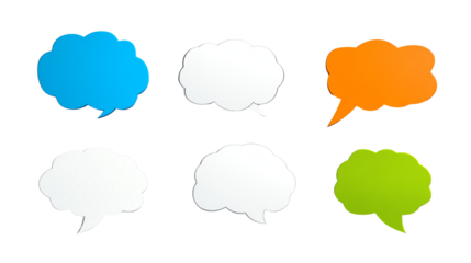 Colorful speech bubbles in different shapes, isolated on a white background, ideal for communication or dialogue themes.