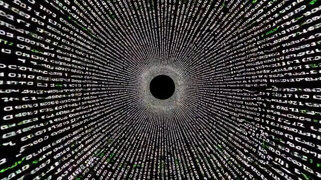 A tunnel-like vortex of green and white binary code converging toward a central black void, symbolizing digital data or cyber themes.