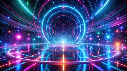 Glowing neon lights swirling in a futuristic space