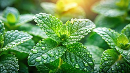 Fresh mint leaves with dewdrops