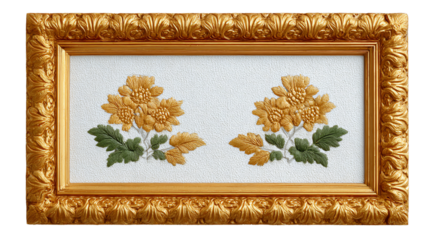 Decorative floral embroidery in a vintage golden frame, showcasing intricate craftsmanship and artistic expression.