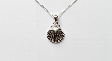 Silver shell pendant on a necklace against a white background
