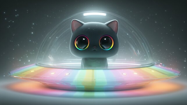cute alien cat with rainbow eyes inside glowing futuristic spaceship