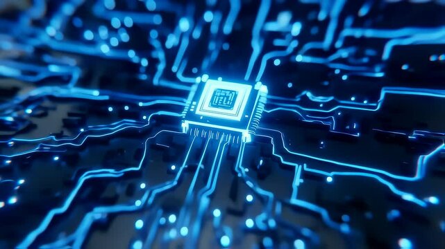 Futuristic circuit board with blue energy conduits and processor