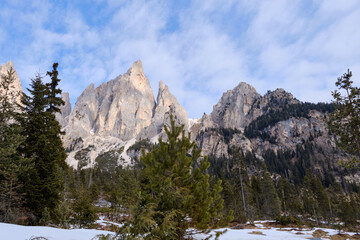 March 2025: View of the Rosegarden from the Vajolet valley, Catinaccio and Gardeccia, Trentino,...