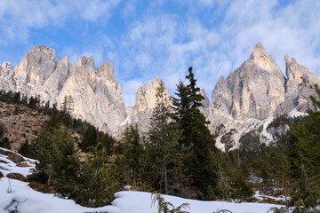 March 2025: View of the Rosegarden from the Vajolet valley, Catinaccio and Gardeccia, Trentino,...