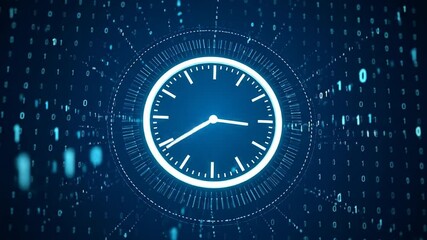 Digital Time Concept: Clock Icons on Binary Code Background, Future and Deadline - Powered by Adobe