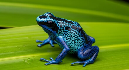 Blue Poison Dart Frog on Green Leaf Vibrant Wildlife Macro Photography