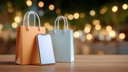 Colorful mini shopping bags and smartphone on wooden table with bokeh lights in background, symbolizing online shopping convenience