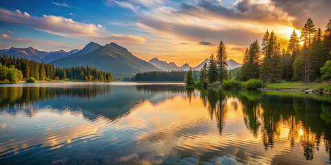 Serene lake at sunset with surrounding trees and mountains
