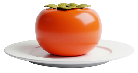 Bright orange persimmon fruit placed upright in the center of a clean white plate, showcasing minimalistic and fresh food styling.
