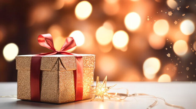 A glittery gold gift box wrapped with a red ribbon sits on a white surface, with warm bokeh lights creating a festive, cozy atmosphere in the background.