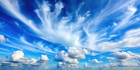 Serene blue sky with puffy white clouds and a few wispy cirrus strands scattered across the horizon