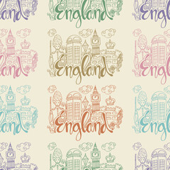 Seamless pattern with England-themed illustration with Iconic symbols