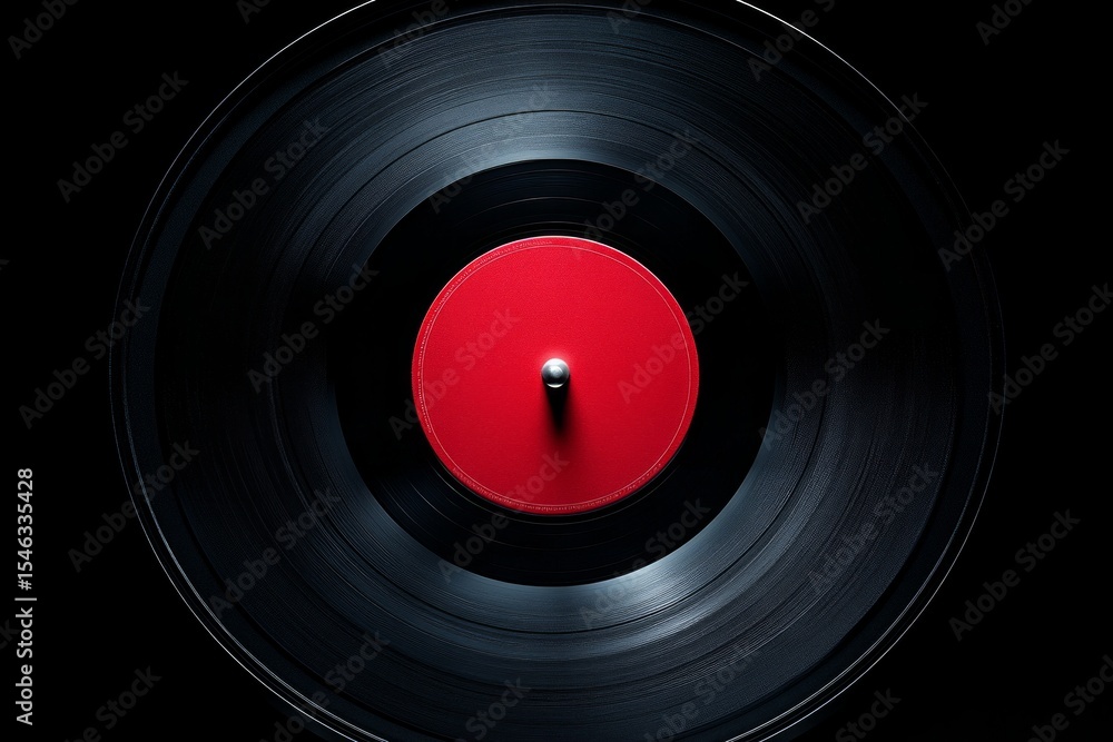 Poster close-up of a spinning vinyl record with a red label, creating a nostalgic and evocative image of an