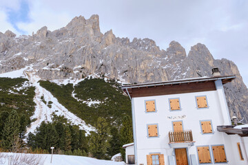 March 2025: View of the Rosegarden from the Vajolet valley, Catinaccio and Gardeccia, Trentino,...