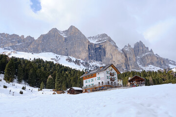 March 2025: View of the Rosegarden from the Vajolet valley, Catinaccio and Gardeccia, Trentino,...